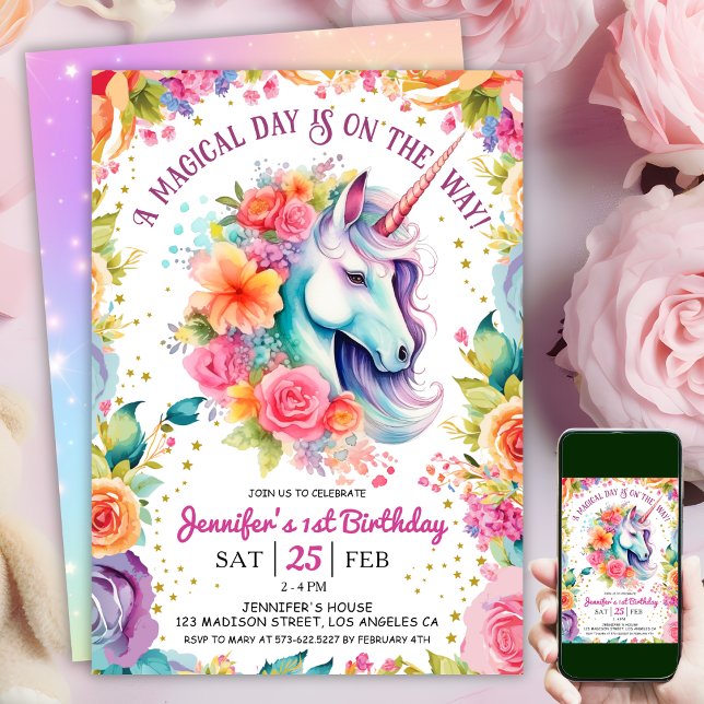 Convite Arco-Íris Floral e Estrelas do primeiro aniversari (#UnicornBirthdayInvitation #UnicornBirthdayInvitationTemplate #UnicornBirthdayInvitationEditable 
)