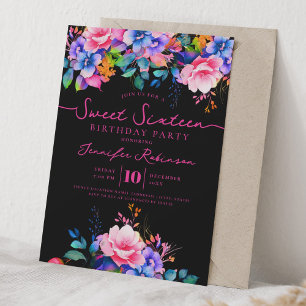 Convite Arco-íris Floral Feminino Preto Aniversário de 16