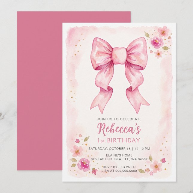 Convite Arco Íris Floral Rosa Coquette Aniversário (Frente/Verso)