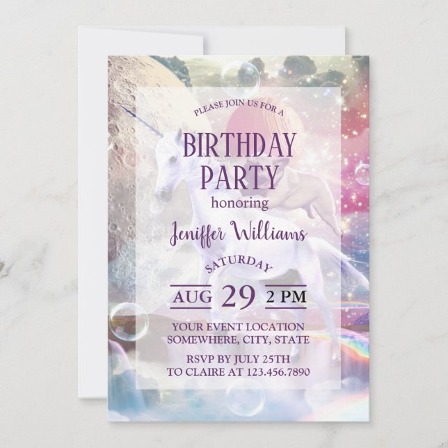 Convite Arco-íris galáxia cavalgando unicórnio no espaço. (Frente)