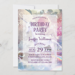 Convite Arco-íris galáxia cavalgando unicórnio no espaço.