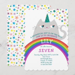 Convite Arco-íris Gata Unicórnio Menina 7º Aniversário