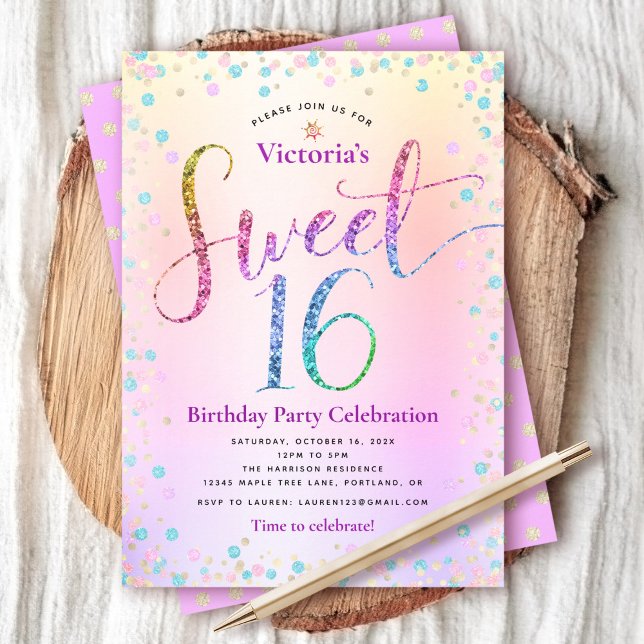 Convite Arco-íris Glitter Ombre Script Aniversário de 16 a (Criador carregado)