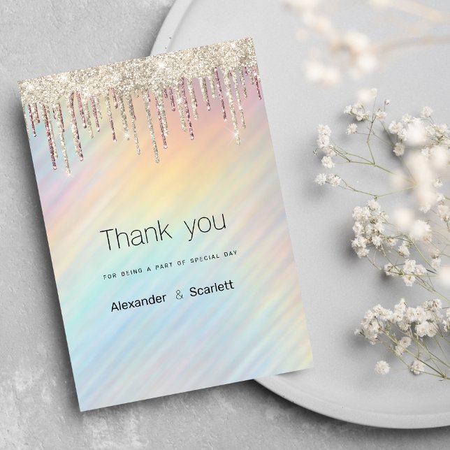 Convite Arco-íris holográfico brilha em glitter dourado go (Rainbow holographic gold glitter drips Thank You )