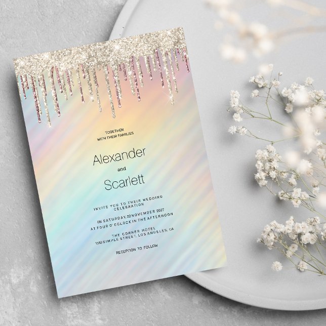 Convite Arco-íris holográfico com glitter dourado escorren (Rainbow holographic gold glitter drips Wedding)