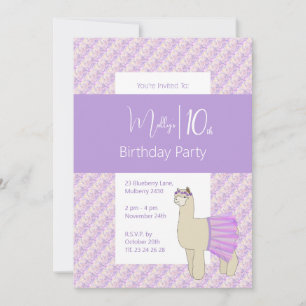 Convite Arco-íris Llama Roxo Floral Meninas 10º Aniversári