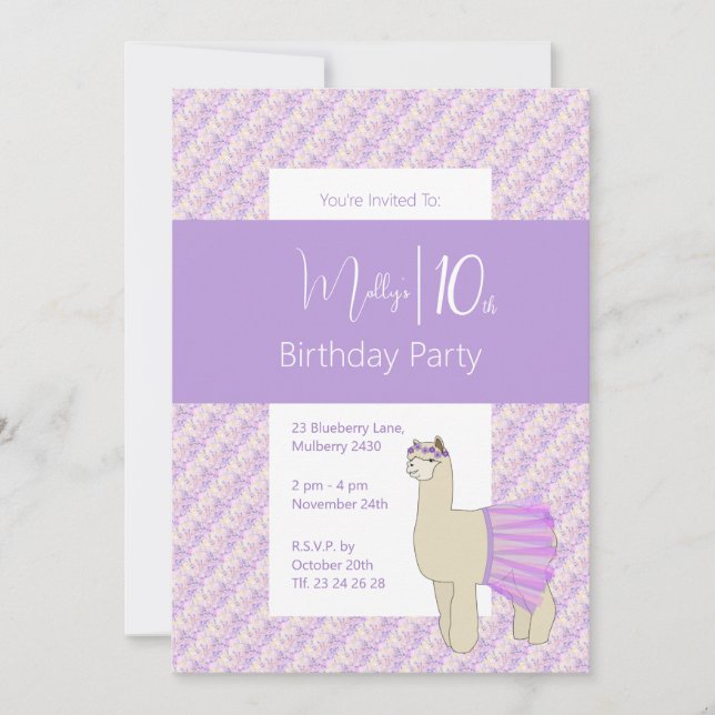 Convite Arco-íris Llama Roxo Floral Meninas 10º Aniversári (Frente)