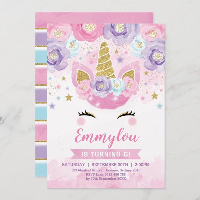 Convite Arco-íris mágico do roxo do rosa da festa de (Frente/Verso)