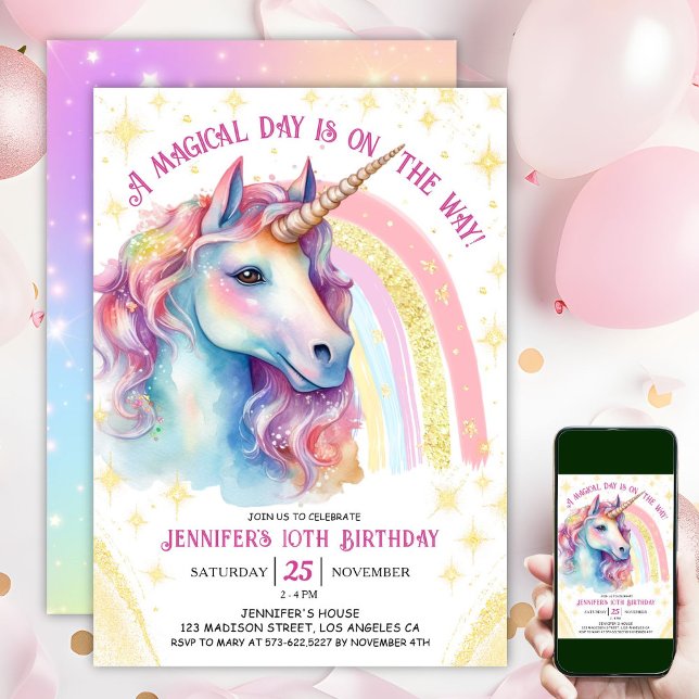 Convite Arco-Íris Mágico Rosa Dourado de 10º Aniversário d (#UnicornBirthdayInvitation #UnicornBirthdayInvitationTemplate #UnicornBirthdayInvitationEditable 
)