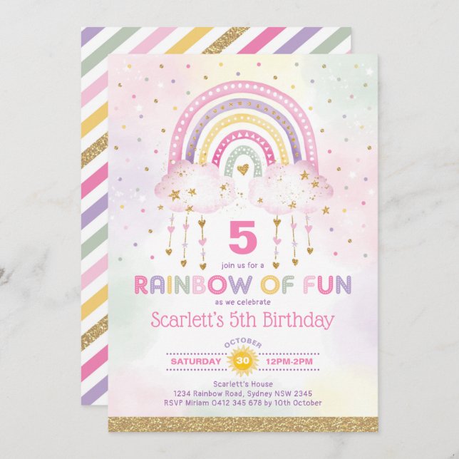 Convite Arco-Íris Mágico Rosa Dourado Nuvens Meninas Anive (Frente/Verso)