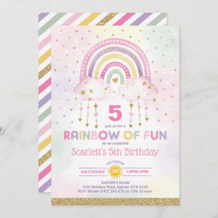 Convite Arco-Íris Mágico Rosa Dourado Nuvens Meninas Anive
