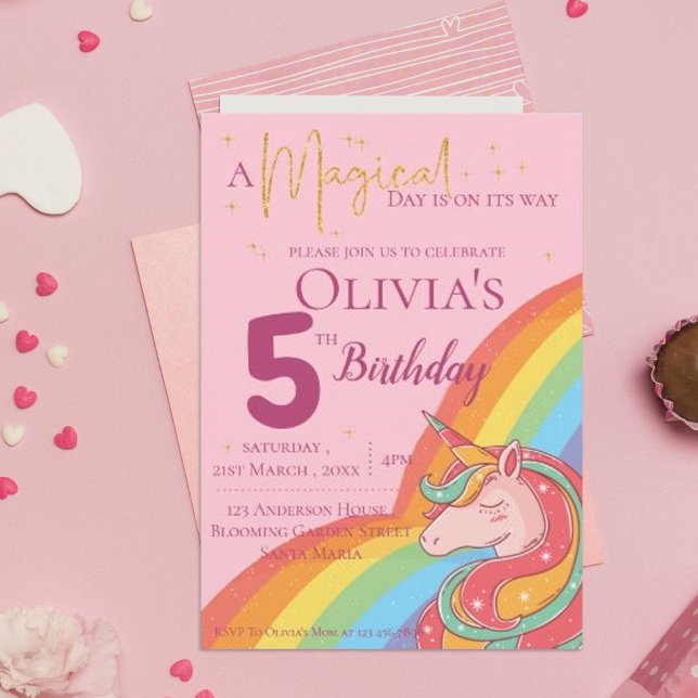 Convite Arco-Íris Mágico Unicórnio Faux Glitter Birthday (Magical Rainbow Unicorn Faux Glitter Birthday Invitation)