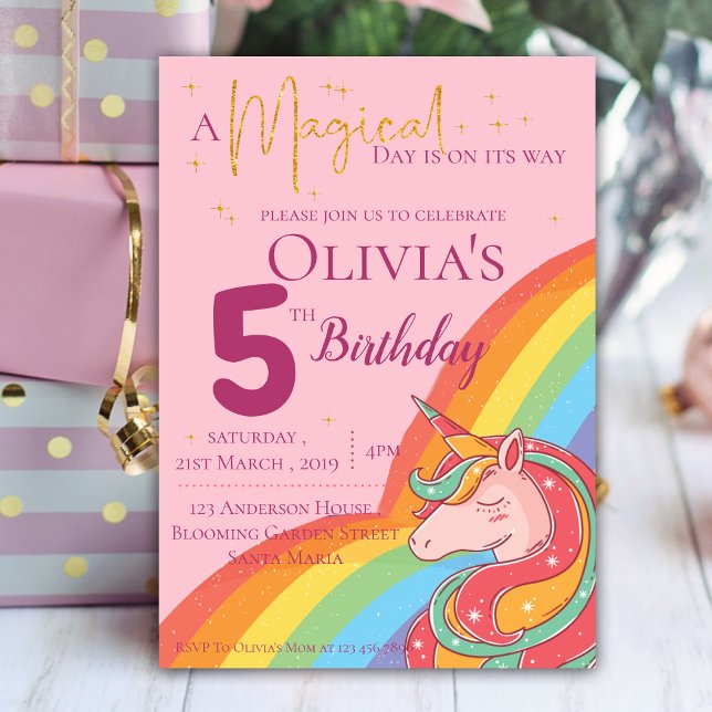 Convite Arco-Íris Mágico Unicórnio Faux Glitter Birthday (Magical Rainbow Unicorn Faux Glitter Birthday Invitation)