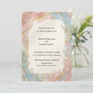 Convite Arco-íris Pastel Cardo Floral Tartan Casamento Esc