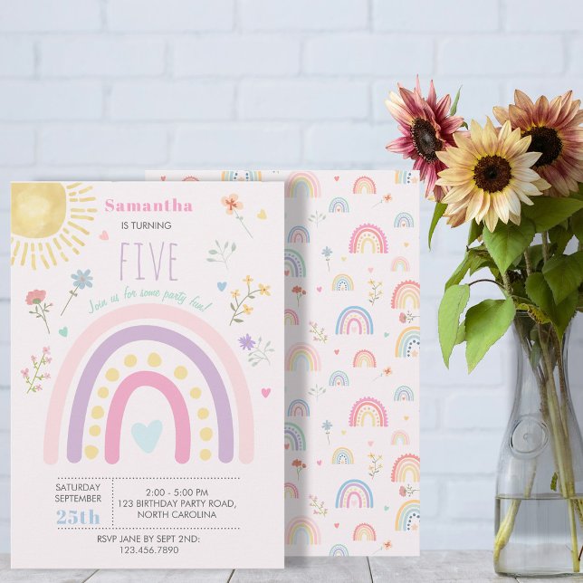 Convite Arco-íris Pastel Flores Selvagens Corações Anivers (Pastel Rainbows Girly Wildflowers Hearts Birthday Invitation)