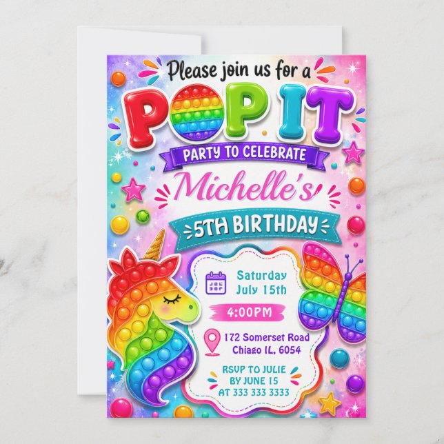 Convite Arco-íris Pop It Brinquedo Fidget Aniversário (Frente)