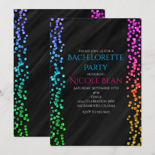 Convite Arco-íris Preto Brilho Glitter Confete Diversão Fe