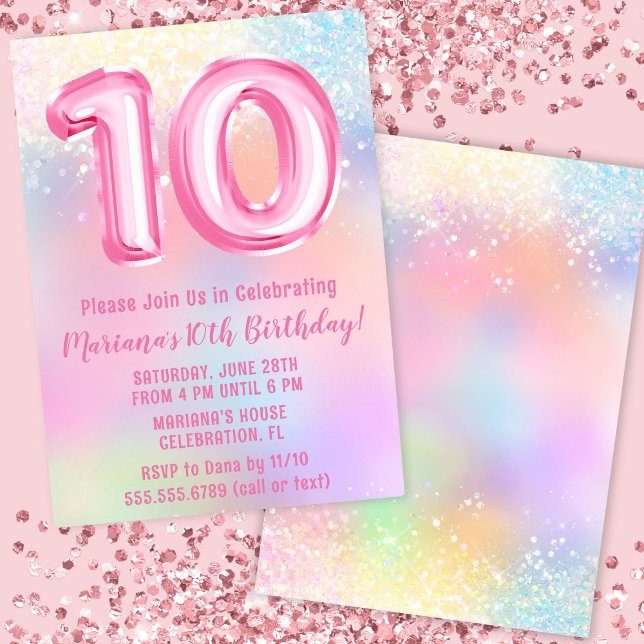Convite Arco-íris Rosa Aniversário de 10 anos (Criador carregado)