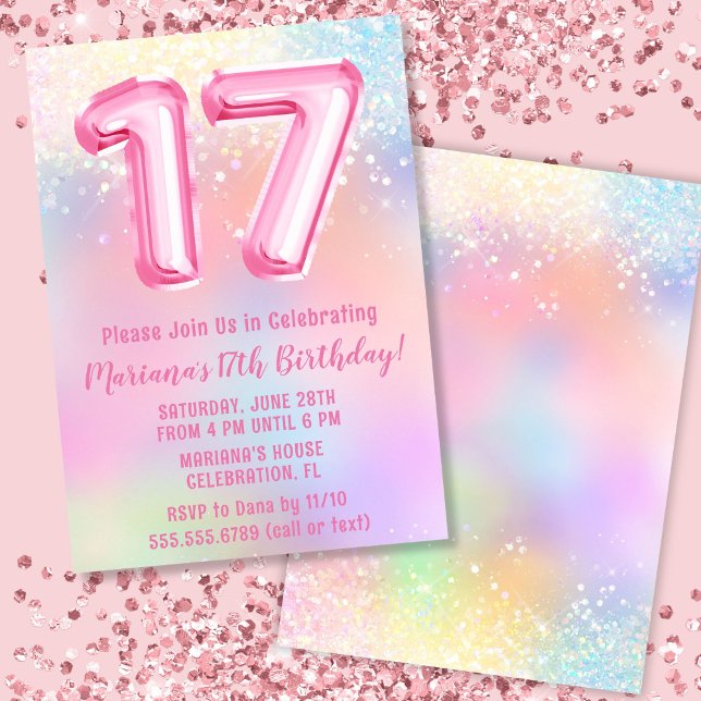 Convite Arco-íris Rosa Aniversário de 17 Anos (Criador carregado)