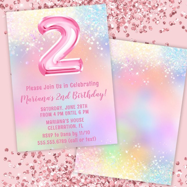 Convite Arco-íris Rosa Aniversário de 2 anos (Criador carregado)