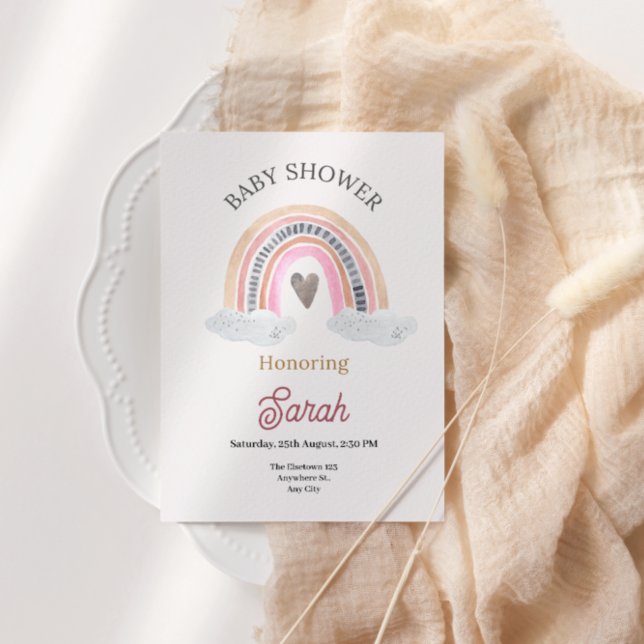 Convite Arco-Íris Rosa com Nuvens para Bebê-Chuva para Men (Criador carregado)