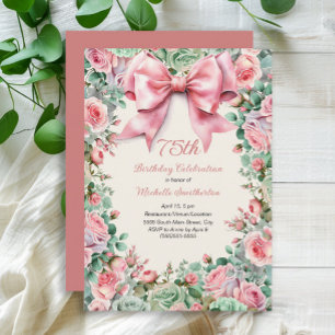 Convite Arco-íris Rosa Laço Verde Menta Floral 75º Anivers