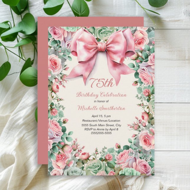 Convite Arco-íris Rosa Laço Verde Menta Floral 75º Anivers (Coquette Pink Bow and Roses with Mint Green Watercolor Floral 75th Birthday Invitation)