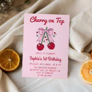 Convite Arco-íris Rosa Macie Cherry no Topo 1º Aniversário