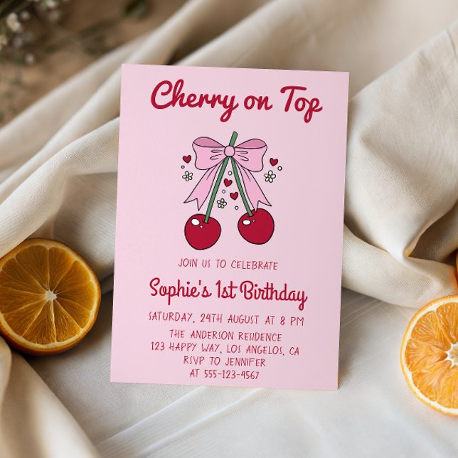 Convite Arco-íris Rosa Macie Cherry no Topo 1º Aniversário (Criador carregado)