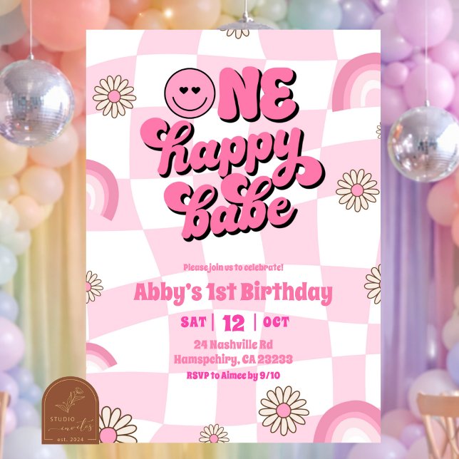 Convite Arco-íris rosa retro um feliz aniversário de bebê (Criador carregado)