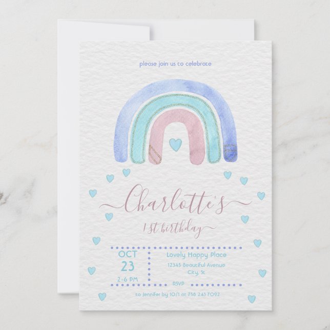 Convite Arco-Íris Roxo Azul Qualquer Aniversário (Frente)