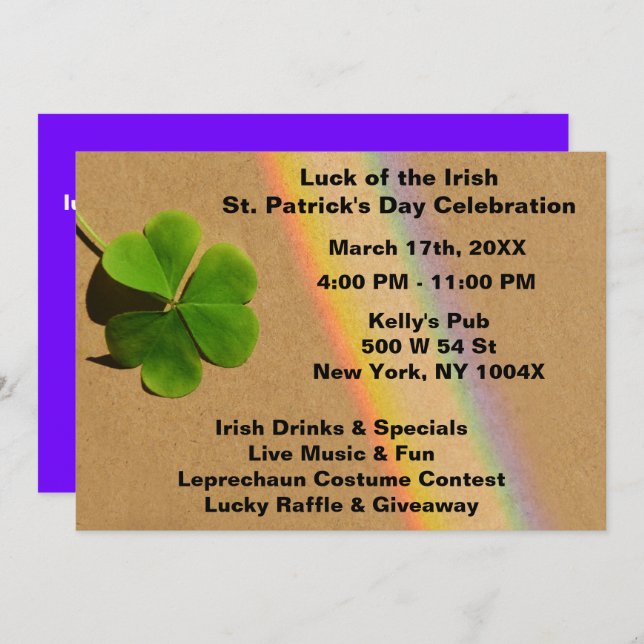 Convite Arco-íris Roxo & Trevo Verde Bebendo Irlandês   (Frente/Verso)