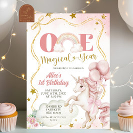 Convite Arco-íris Unicórnio Pastel Um Ano Mágico Aniversár