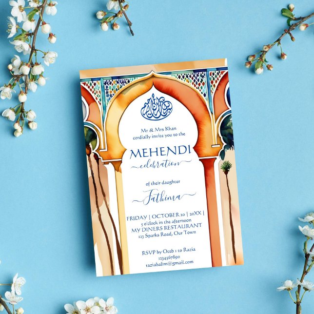 Convite Arco islâmico marroquino Mehendi (Mehndi Islamic template invitation instant download Morocco Arabian style arch modern watercolor)