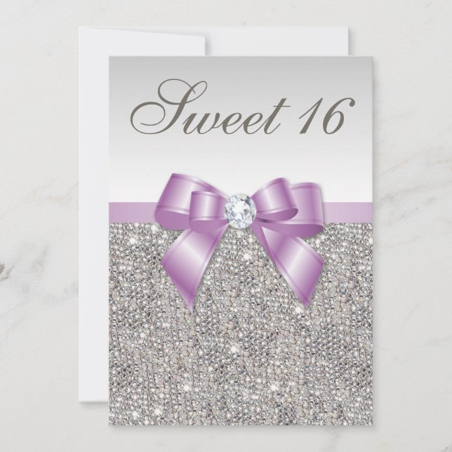 Convite Arco Lilac Faux Sequins de Prata Sweet 16 (Frente)
