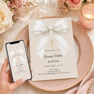 Convite Arco Marfim Bege Pérolas Menina Elegante Batizado