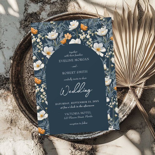 Convite Arco-marinho das flores amarelas e brancas Elegant (Elegant yellow and white wild flowers navy arch invitation)