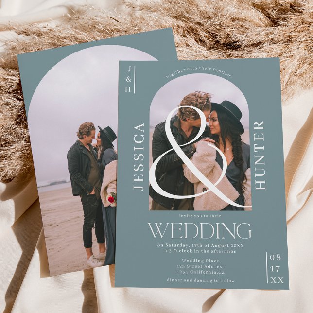 Convite Arco moderno de vassoura 2 fotos de casamento azul (Criador carregado)