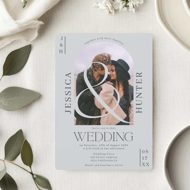 Convite Arco moderno de vassoura 2 fotos luz cinza casamen (Modern boho arch 2 photos light gray wedding invitation)