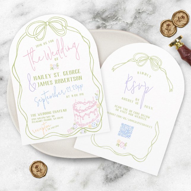 Convite Arco moderno desenhado à mão excêntrico, casamento (All-in-one quirky modern retro hand drawn written bow cake floral wedding invitation QR code RSVP)
