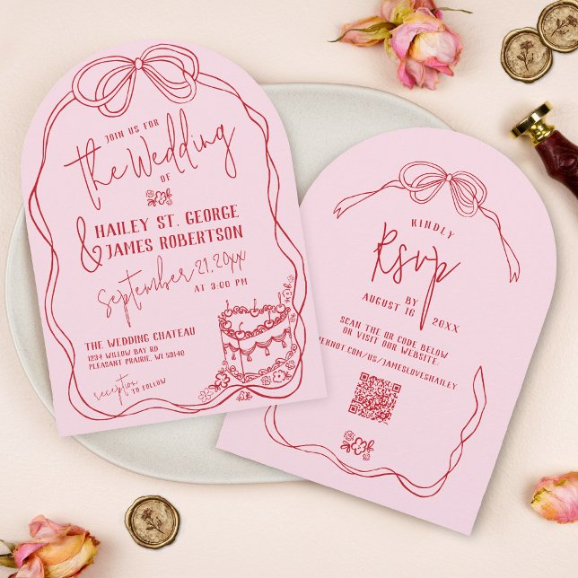 Convite Arco Moderno Desenhado à Mão Excêntrico ROSA Casam (Retro modern hand drawn pink & red elegant coquette bow floral vintage cake wedding invitation)
