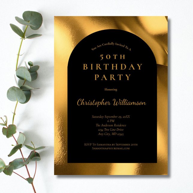 Convite Arco Moderno dos Homens Pretos da Folha de Ouro 50 (Black with gold foil 50th birthday invitation for him or her. Simple Classic)