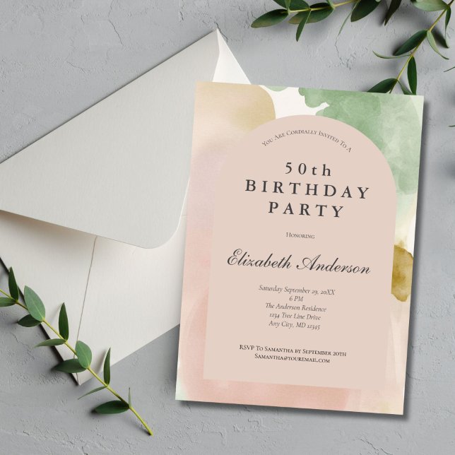Convite Arco Moderno Dourado Verde Rosa 50º Aniversário (Boho Dusty Pink Beige Green Gold Watercolor 50th Birthday invitation for her.)