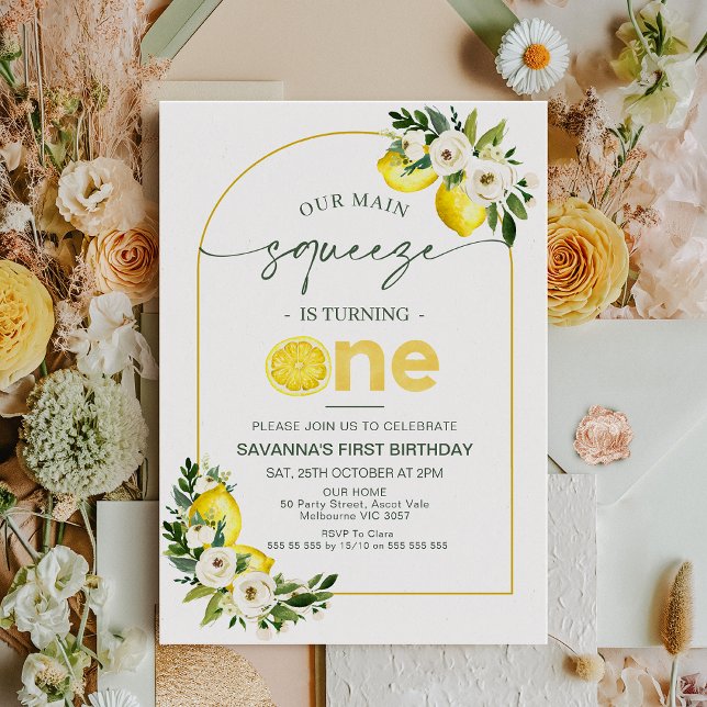 Convite Arco Moderno Limona Nosso primeiro aniversario De  (Arch Our Main Squeeze 1st Birthday Invitation Template, Floral Main Squeeze 1st Birthday Invitation)