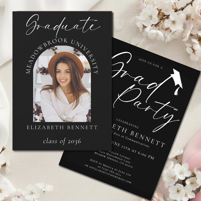 Convite Arco Moderno Preto e Branco Foto Festa de Graduaçã (Criador carregado)