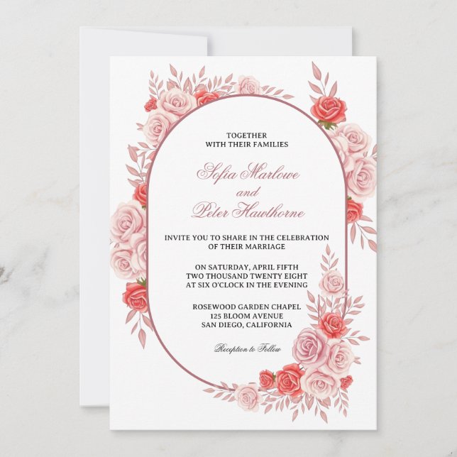Convite Arco Moderno Rosa Floral Casamento (Frente)