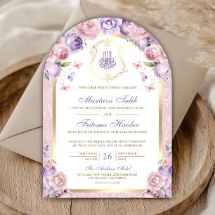 Convite Arco Muçulmano de Casamento Floral Rosa Lavanda Do