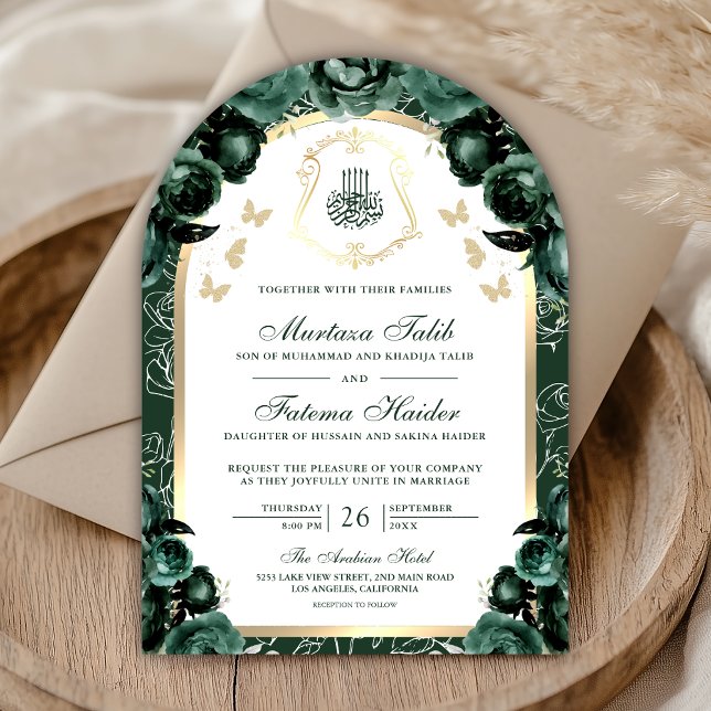 Convite Arco Muçulmano de Casamento Floral Verde Esmeralda (Criador carregado)