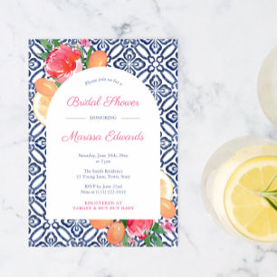 Convite Arco Ousado Laranja Floral Azul Azulejo Casamento