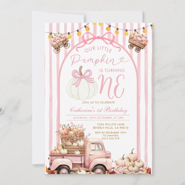 Convite Arco Pink Truck Pumpkin Strik primeiro aniversario (Frente)
